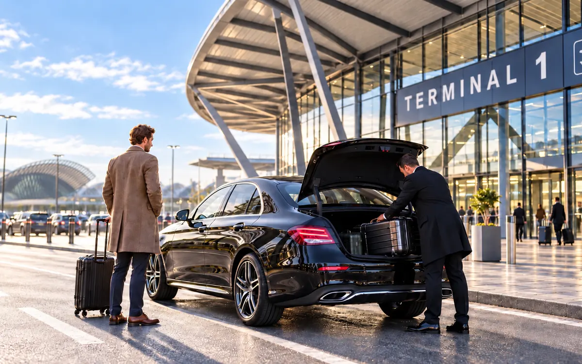 Driver loading suitcases outside the Saint-Exupéry Airport terminal