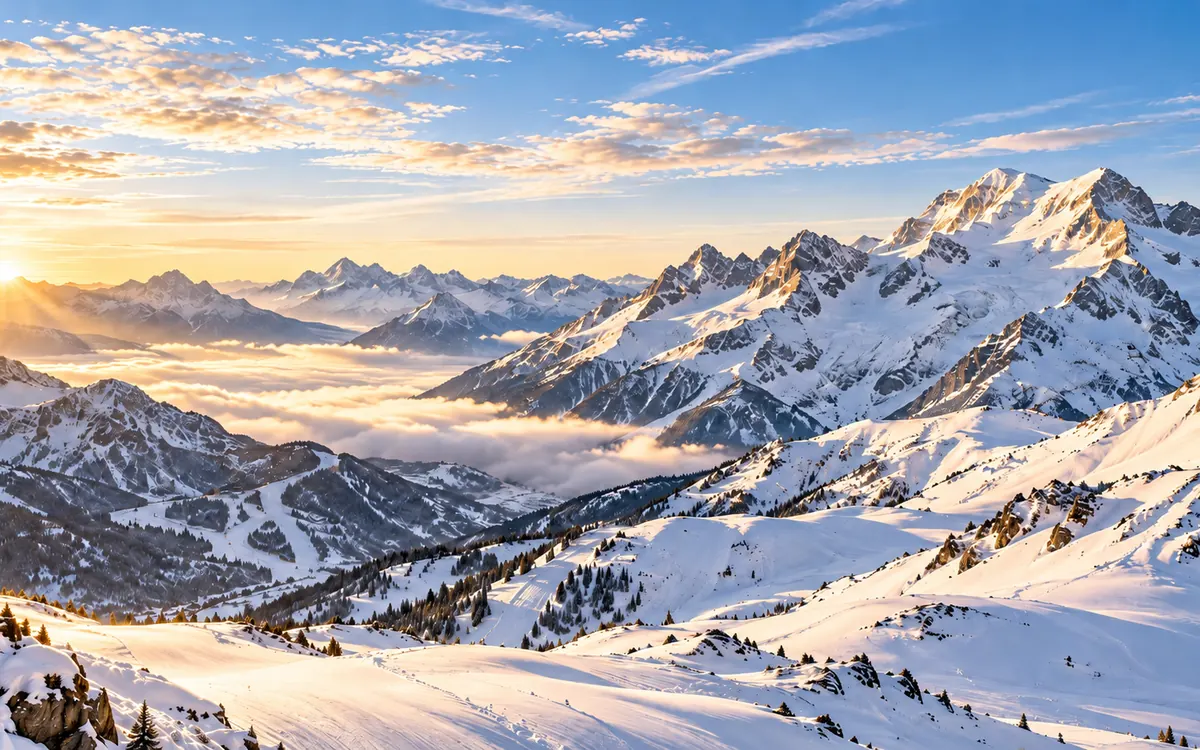 Panorama of the snowy Alps at sunrise
