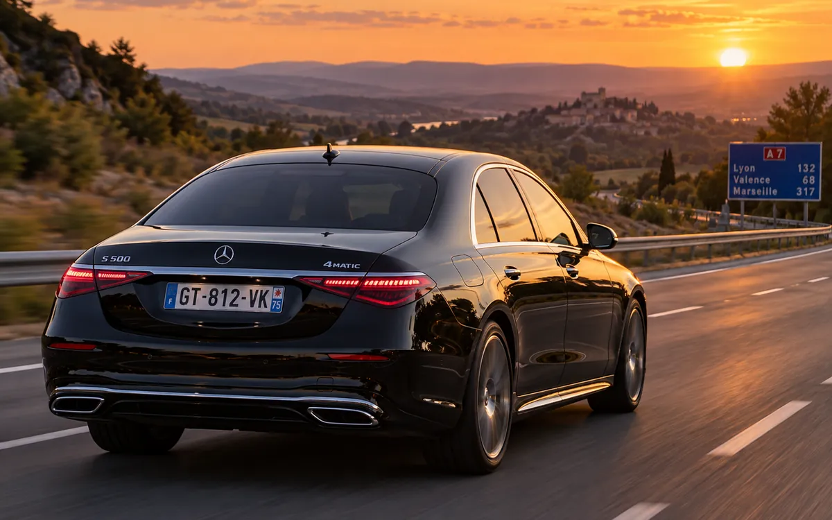 Black sedan on the motorway at sunset