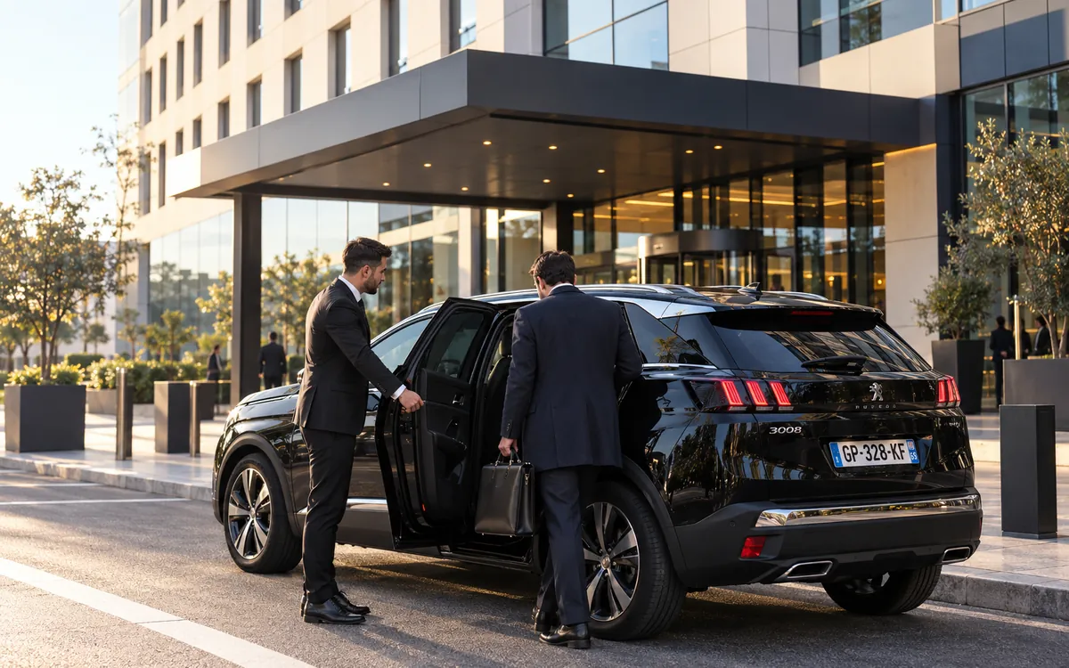 Driver welcoming a business client outside a hotel