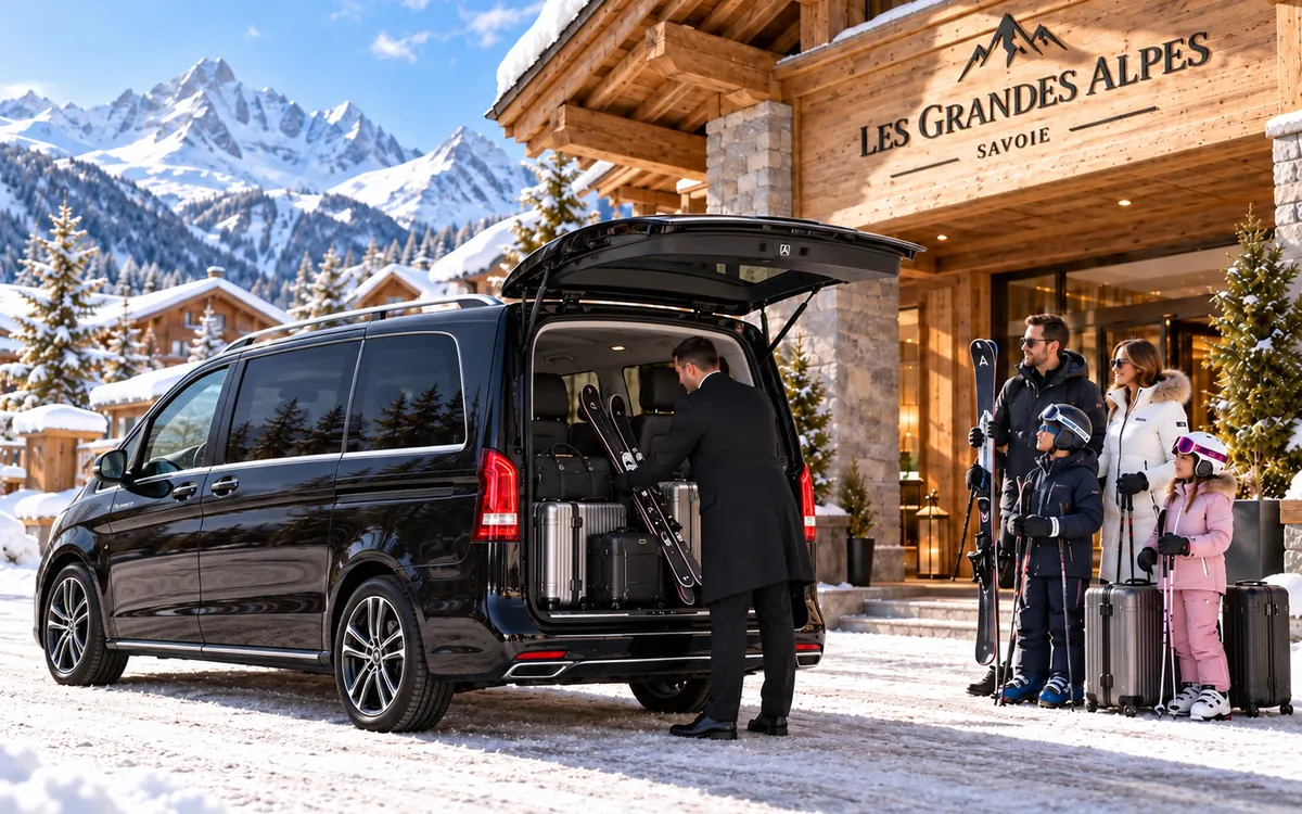 Black van and a family of skiers outside a chalet