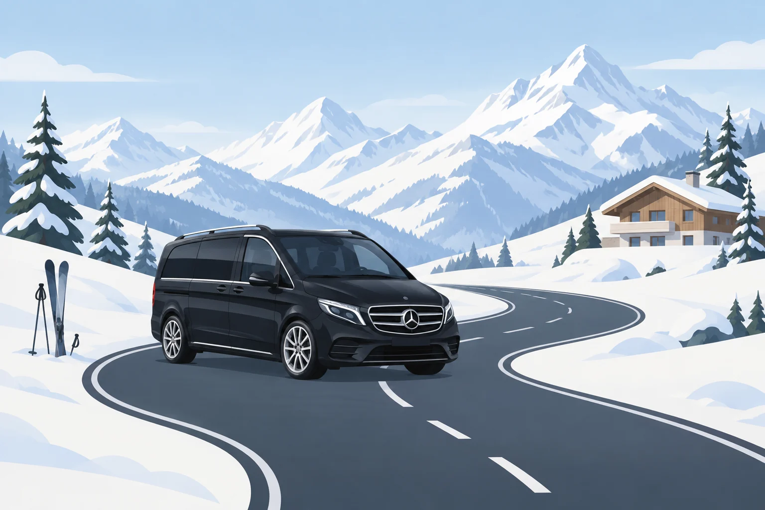 Van noir sur une route enneigée dans les Alpes